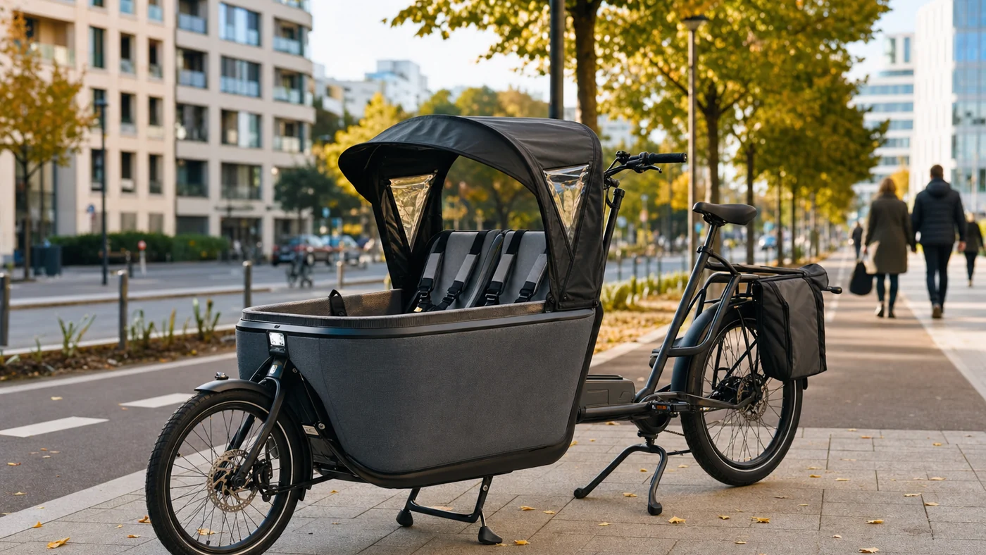 Vélo cargo électrique familial en ville