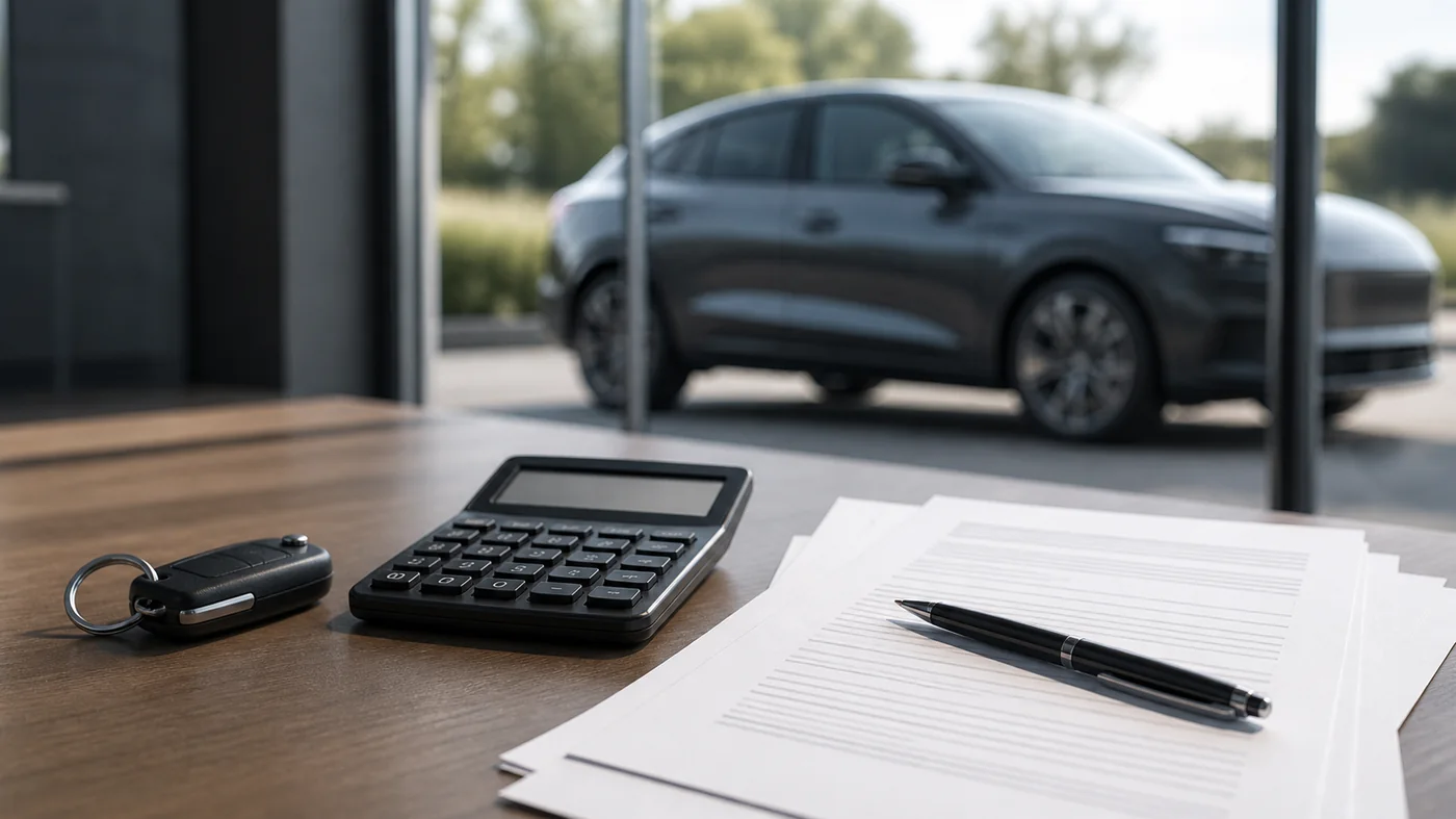 Clé de voiture, calculatrice et contrat de leasing à comparer