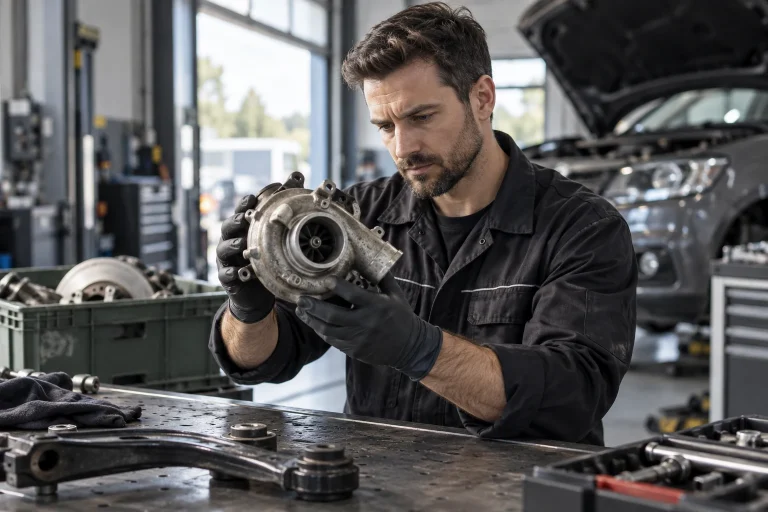 Mécanicien inspectant une pièce auto d’occasion en atelier