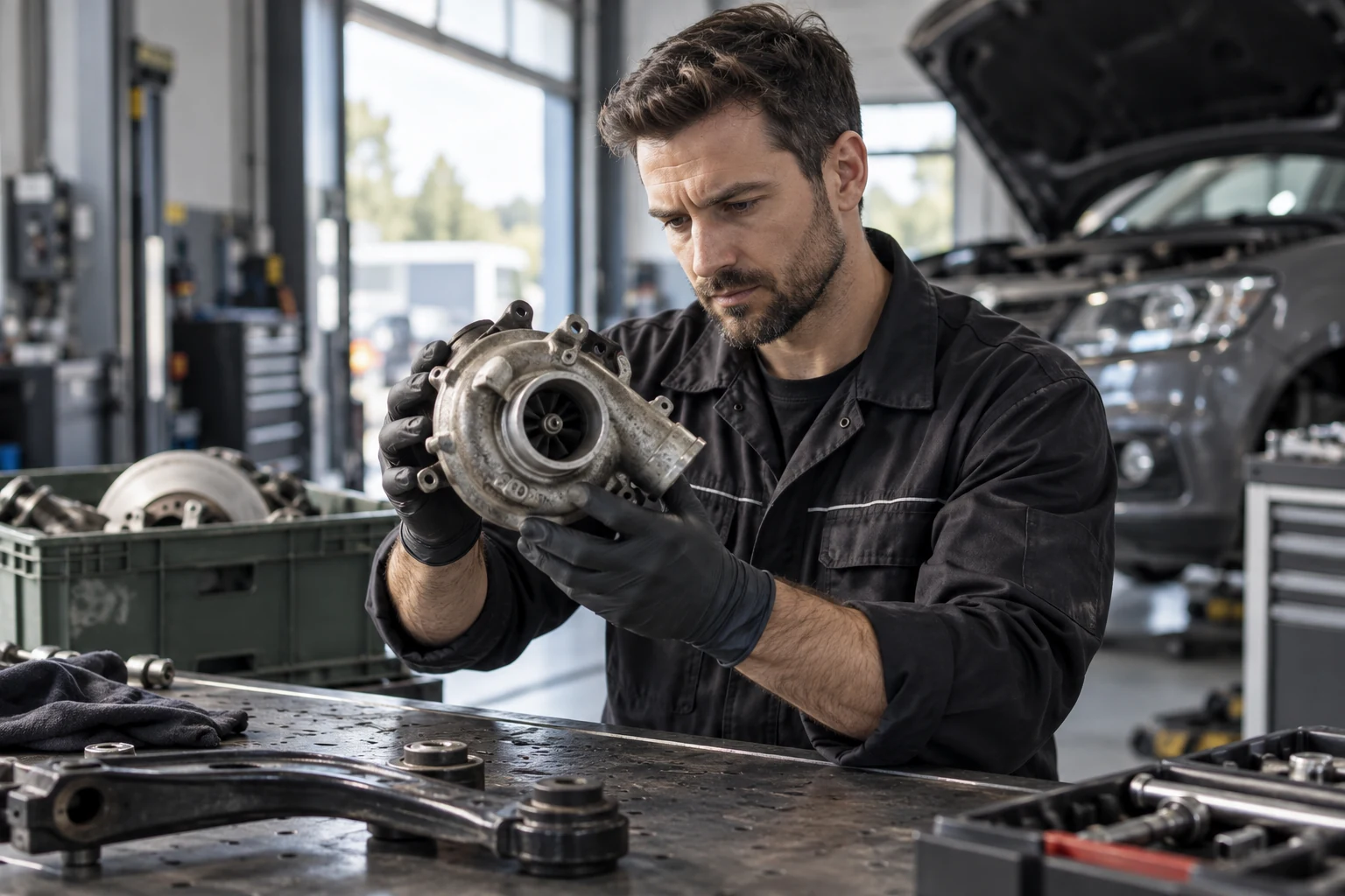 Mécanicien inspectant une pièce auto d’occasion en atelier